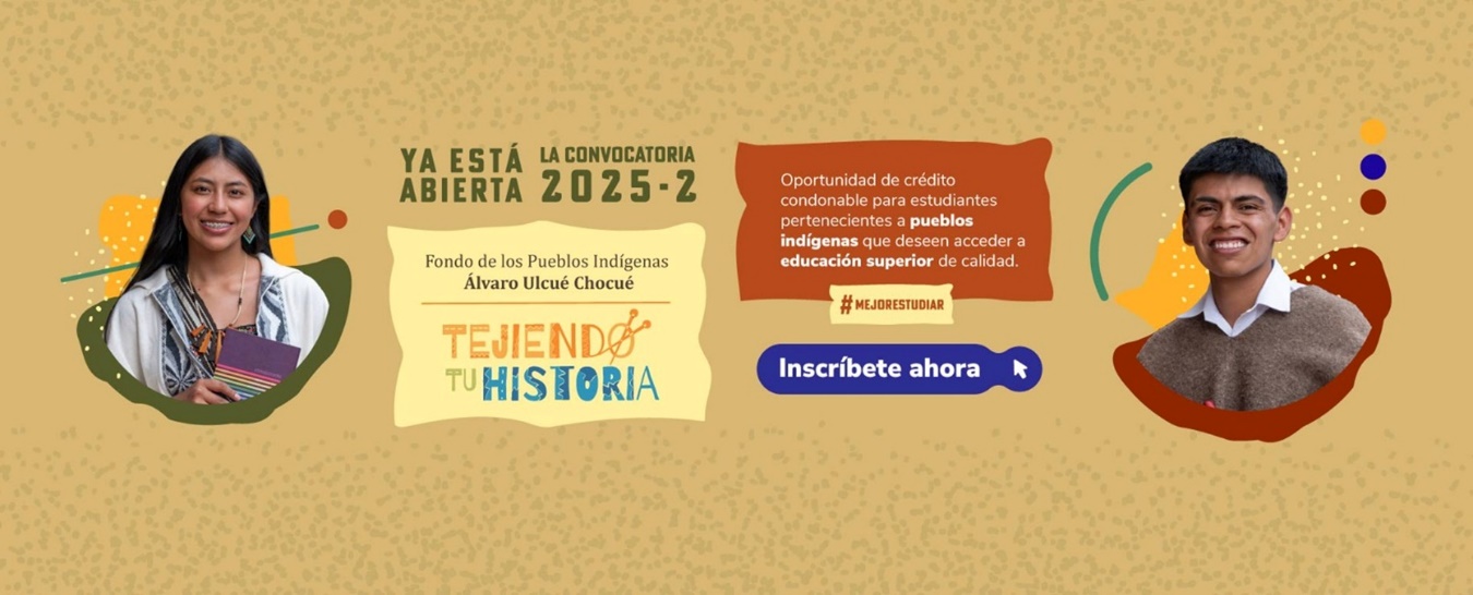Diseño con dos estudiantes indígenas, invitando a participar de la convocatoria